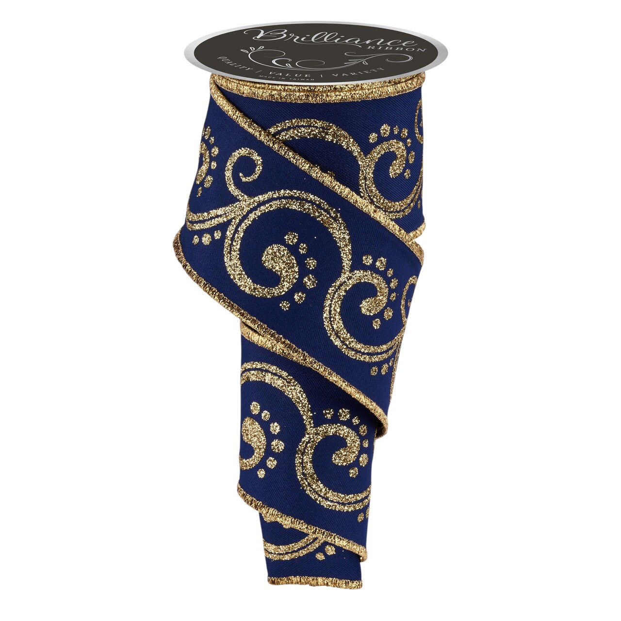 Brilliance 2.5" Navy Blue and Gold Filigree Glitter Swirl Wired Ribbon, 10 Yards for Christmas Bows, Wreaths, Gift Wrap, Crafts and Decorations